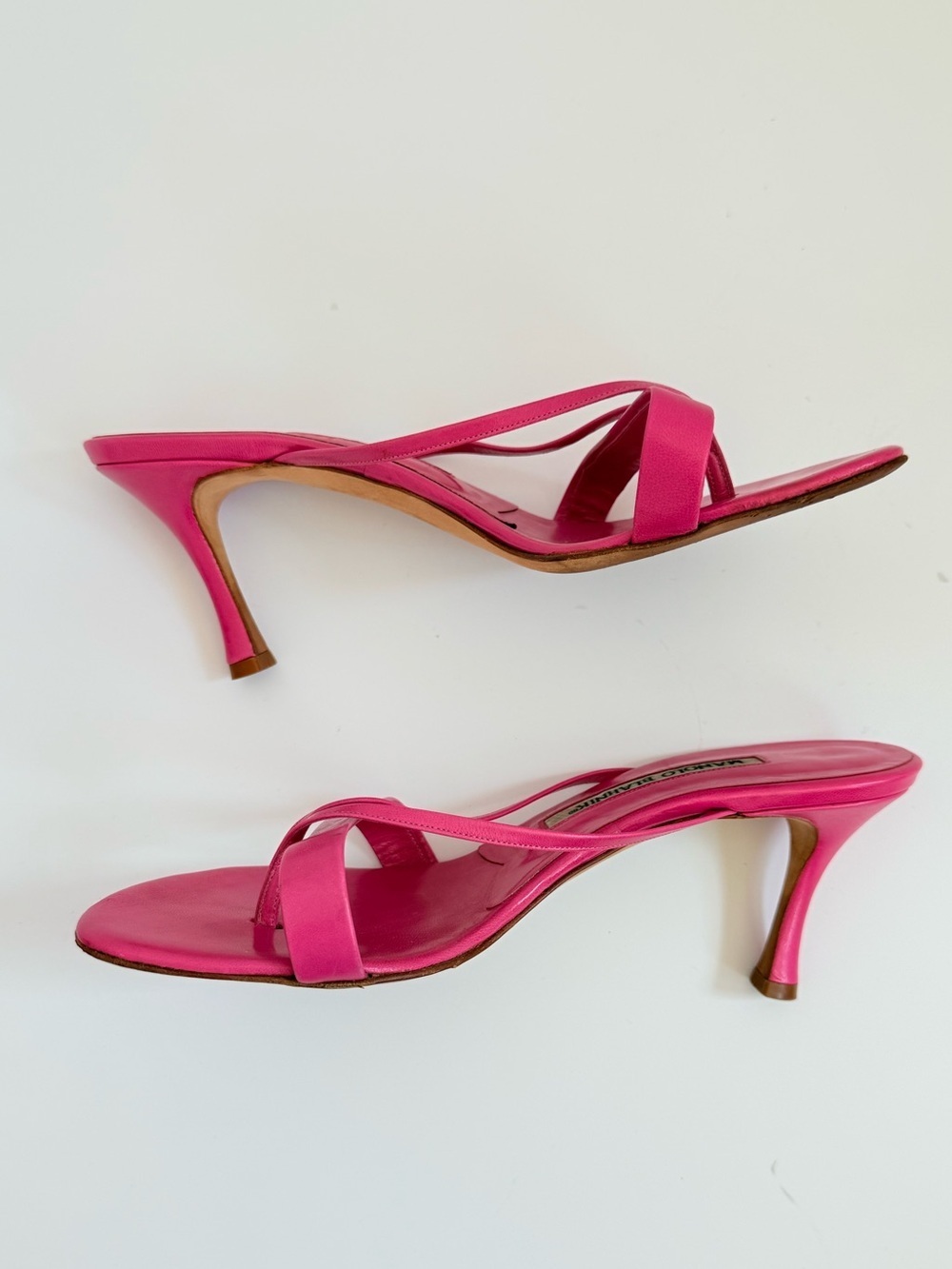 Rare Manolo Blahnik Hot Pink Strappy Thong Mule Sandals Kitten Heel EU 37.5 Y2K - Picture 6 of 12